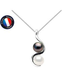 PERLINEA - Collier Perle de Culture d'Eau Douce AAA+ et Perle de Tahiti A+ - Ronde 8-9 mm - Argent 925 Millièmes - Bijoux Femme