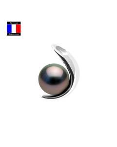Compagnie Générale des Perles - Pendentif Croissant Véritable Perle de Tahiti Ronde 9-10 mm Or Blanc 18 Cts - Bijou Femme