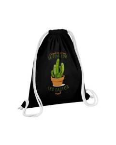 Sac de Gym en Coton Noir Cactus - L'argent ne Fait Pas le Bonheur Plante Végétal 12 Litres