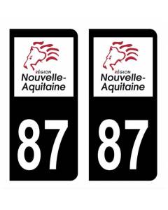 Autocollant Stickers plaque immatriculation voiture dept 87 Haute-Vienne Logo Région Nouvelle Aquitaine Lion Noir Couleur