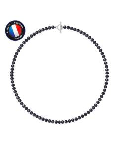 PERLINEA - Collier Perle de Culture d'Eau Douce AAA+ Semi-Ronde 5-6 mm Noire - Fermoir en T Argent 925 Millièmes - Bijoux Femme