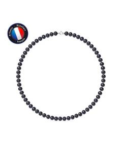 PERLINEA - Collier Perle de Culture d'Eau Douce AAA+ Semi-Ronde 6-7 mm Noire - Anneau Ressort - Argent 925 Millièmes - Bijoux Femme