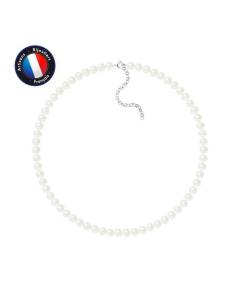 PERLINEA - Collier Perle de Culture d'Eau Douce AAA+ Semi-Ronde 6-7 mm Blanc - Fermoir Réglable Argent 925 Millièmes - Bijoux Femme