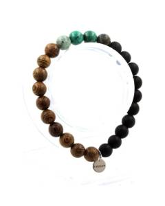 Pierres et Minéraux. Bracelet Perles Malachite du Congo + Turquoise Africaine + Onyx noir Fabriqué en France.