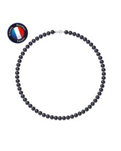 PERLINEA - Collier Perle de Culture d'Eau Douce AAA+ Semi-Ronde 6-7 mm Noire - Mousqueton - Argent 925 Millièmes - Bijoux Femme