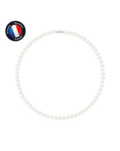PERLINEA - Collier Perle de Culture d'Eau Douce AAA+ Semi-Ronde 6-7 mm Blanc - Mousquton Argent 925 Millièmes - Bijoux Femme