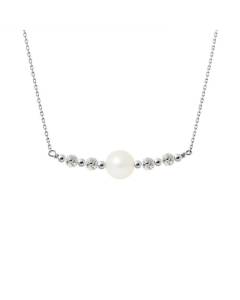 PERLINEA - Collier Perle de Culture d'Eau Douce AAA+ Ronde 9-10 mm Blanc Naturel - Cristales - Argent 925 Millièmes - Bijoux Femme