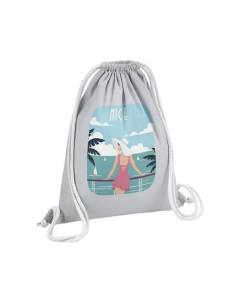 Sac de Gym en Coton Gris Nice Promenade des Anglais Mer Soleil Voyage 12 Litres