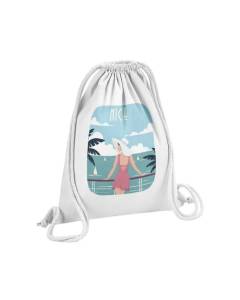 Sac de Gym en Coton Blanc Nice Promenade des Anglais Mer Soleil Voyage 12 Litres