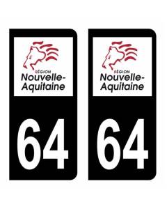 Autocollant Stickers plaque immatriculation voiture dept 64 Pyrénées-Atlantiques Logo Région Nouvelle Aquitaine Lion Noir Couleur