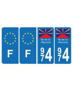 Lot de 4 Autocollants Plaque d'immatriculation 974 Ile de la Réunion Bis & F Europe