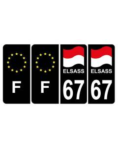 Lot de 4 Autocollants Plaque d'immatriculation Voiture 67 Noir Couleur Alsace Elsass Drapeau & F Europe