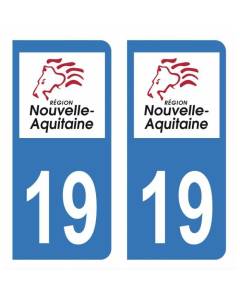Autocollant Stickers plaque immatriculation voiture auto département 19 Corrèze Logo Région Nouvelle Aquitaine Lion