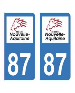 Autocollant Stickers plaque immatriculation voiture auto département 87 Haute-Vienne Logo Région Nouvelle Aquitaine Lion