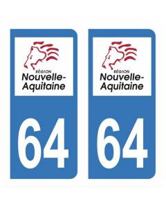 Autocollant Stickers plaque immatriculation voiture auto département 64 Pyrénées-Atlantiques Logo Région Nouvelle Aquitaine Lion