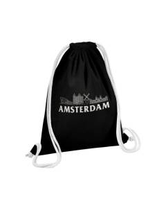 Sac de Gym en Coton Noir Amsterdam Minimalist Voyage Pays-Bas Tourisme 12 Litres