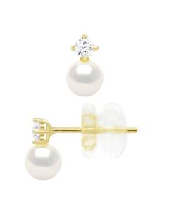 Boucles D'Oreilles Fantaisies Serti de 2 Oxydes de Zirconium - véritables Perles De Culture d'Eau Douce Rondes - Or Jaune