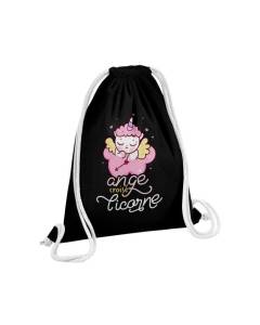 Sac de Gym en Coton Noir Ange Croisé Licorne Dessin Original Illustration Mignon 12 Litres