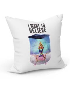 Coussin Blanc I Want to Believe Chat Pizza Extraterreste Collage Vintage Illustration Art Humour Parodie Animal (40x40cm)