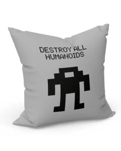 Coussin Gris Destroy All Humanoids Pixel Art Retro Arcade Gaming Jeux Video Parodie (40x40cm)