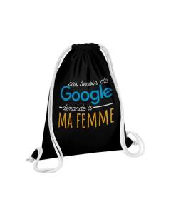 Sac de Gym en Coton Noir Pas besoin de Google, demande à ma Femme 12 Litres