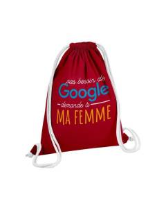 Sac de Gym en Coton Rouge Pas besoin de Google, demande à ma Femme 12 Litres