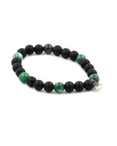 Pierres et Minéraux. Bracelet Perles Onyx noir mat + Mica vert de Tanzanie 8 mm. Fabriqué en France.
