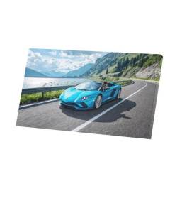 Tableau Décoratif  Belle Voiture de Sport Lamborghini Aventor Bleue Asphalte Montagne Lac  (71 cm x 40 cm)