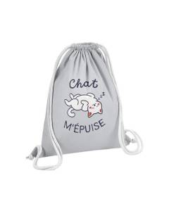 Sac de Gym en Coton Gris Chat m'épuise Jeu de Mot Humour Animal 12 Litres