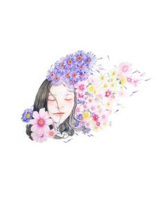 Tableau Décoratif  Aquarelle Jeune Fille Reve Fleur Japon Mignon (54 cm x 40 cm)