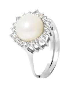 PERLINEA - Bague Véritable Perle de Culture d'Eau Douce Bouton 8-9 mm Blanc Naturel - Taille Réglable - Argent 925 - Bijou Femme