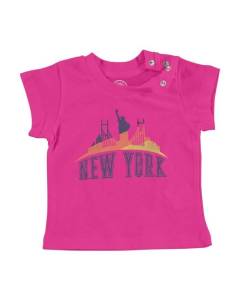 T-shirt Bébé Manche Courte Rose New York Skyline Voyage Etats Unis Vacances