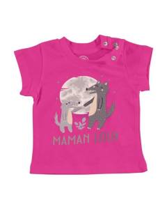 T-shirt Bébé Manche Courte Rose Maman Loup et son Bébé Dessin Illustration Lune