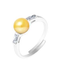 PERLINEA - Bague Véritable Perle de Culture d'Eau Douce Bouton 6-7 mm Gold - Taille Réglable - Argent 925 - Bijou Femme