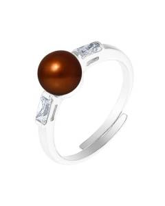 PERLINEA - Bague Véritable Perle de Culture d'Eau Douce Bouton 6-7 mm Chocolat - Taille Réglable - Argent 925 - Bijou Femme