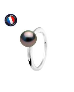 PERLINEA - Bague Jonc Simple - Véritable Perle de Culture de Tahiti - Ronde Diamètre 8-9 mm - Argent 925 Millièmes - Bijou Femme