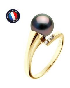 PERLINEA - Bague Véritable Perle de Culture de Tahiti Ronde 8-9 mm - Véritable Diamants - Or Jaune - Bijou Femme