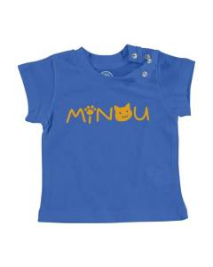 T-shirt Bébé Manche Courte Bleu Minou Chat Chaton Animaux Mignon
