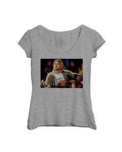 T-shirt Femme Col Echancré Gris Kurt Cobain Nirvana Rock Grunge Live Unplugged