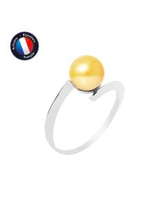 PERLINEA - Bague Véritable Perle de Culture d'Eau Douce Ronde 7-8 mm - Colori Gold - Or Blanc - Bijou Femme
