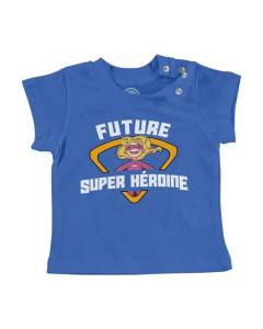 T-shirt Bébé Manche Courte Bleu Future Super Héroïne Rêve Enfant