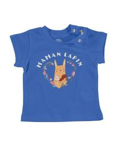 T-shirt Bébé Manche Courte Bleu Maman Lapin et ses Bébés Dessin Illustration