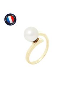 PERLINEA - Bague Véritable Perle de Culture d'Eau Douce Ronde 8-9 mm - Colori Blanc Naturel - Or Jaune - Bijou Femme
