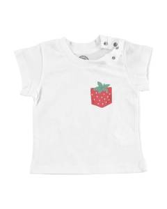 T-shirt Bébé Manche Courte Blanc Poche Fraise Printemps Fruit Mignon Illustration Dessin