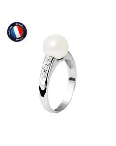 PERLINEA - Bague Véritable Perle de Culture d'Eau Douce Ronde 8-9 mm - Colori Blanc Naturel - Diamant - Or Blanc - Bijou Femme