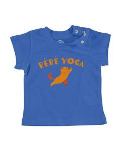 T-shirt Bébé Manche Courte Bleu Bébé Yoga Chat Animal Mignon Dessin Original
