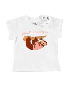 T-shirt Bébé Manche Courte Blanc Maman Paresseux et son Bébé Dessin Illustration
