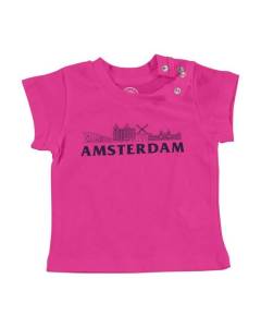 T-shirt Bébé Manche Courte Rose Amsterdam Minimalist Voyage Pays-Bas Tourisme