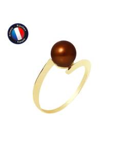 PERLINEA - Bague Véritable Perle de Culture d'Eau Douce Ronde 7-8 mm - Colori Chocolat - Or Jaune - Bijou Femme