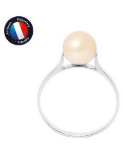 PERLINEA - Bague Véritable Perle de Culture d'Eau Douce Ronde 7-8 mm - Colori Rose Naturel - Or Blanc - Bijou Femme